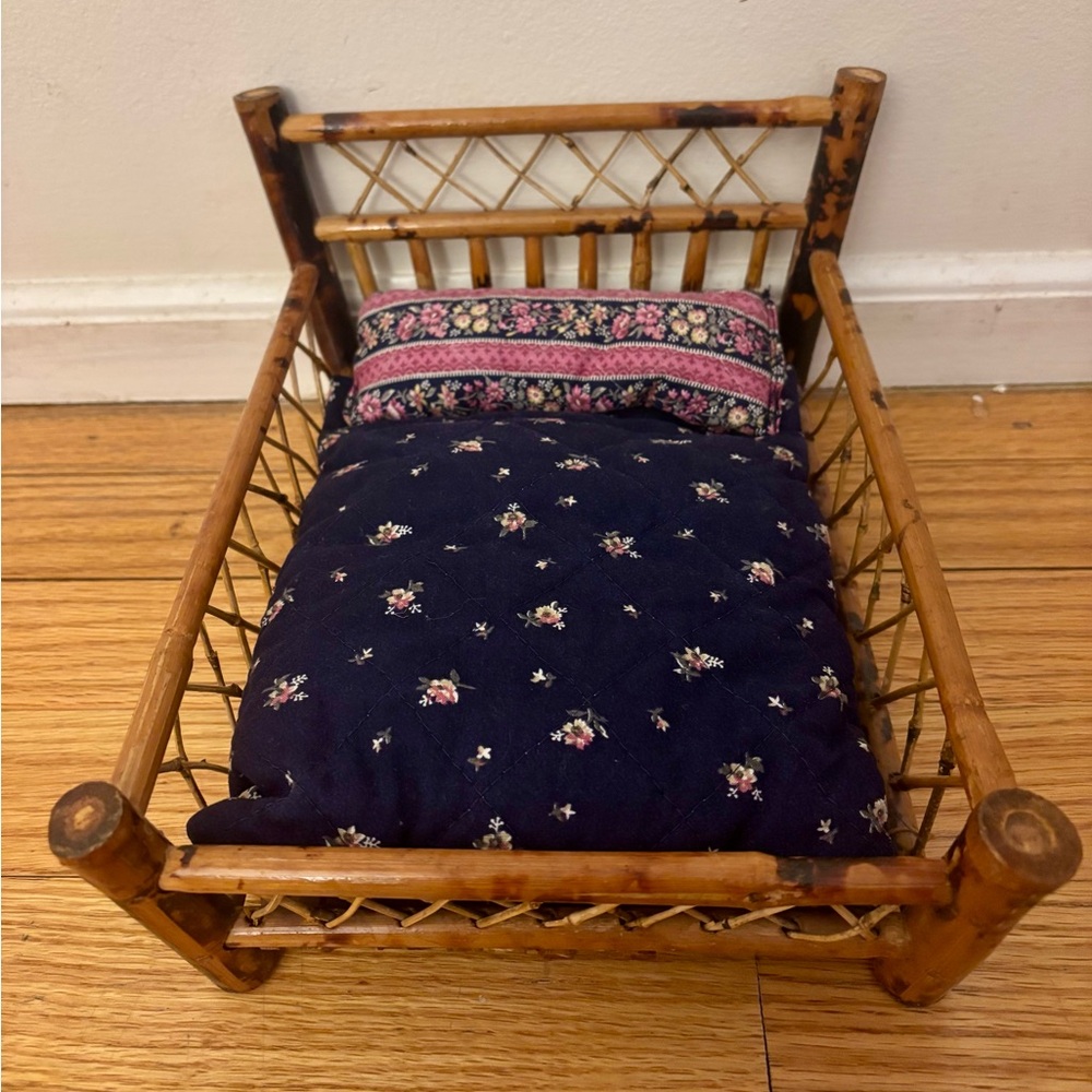 Vintage Rattan Bamboo Doll Bed and Hand Stitched Bedding